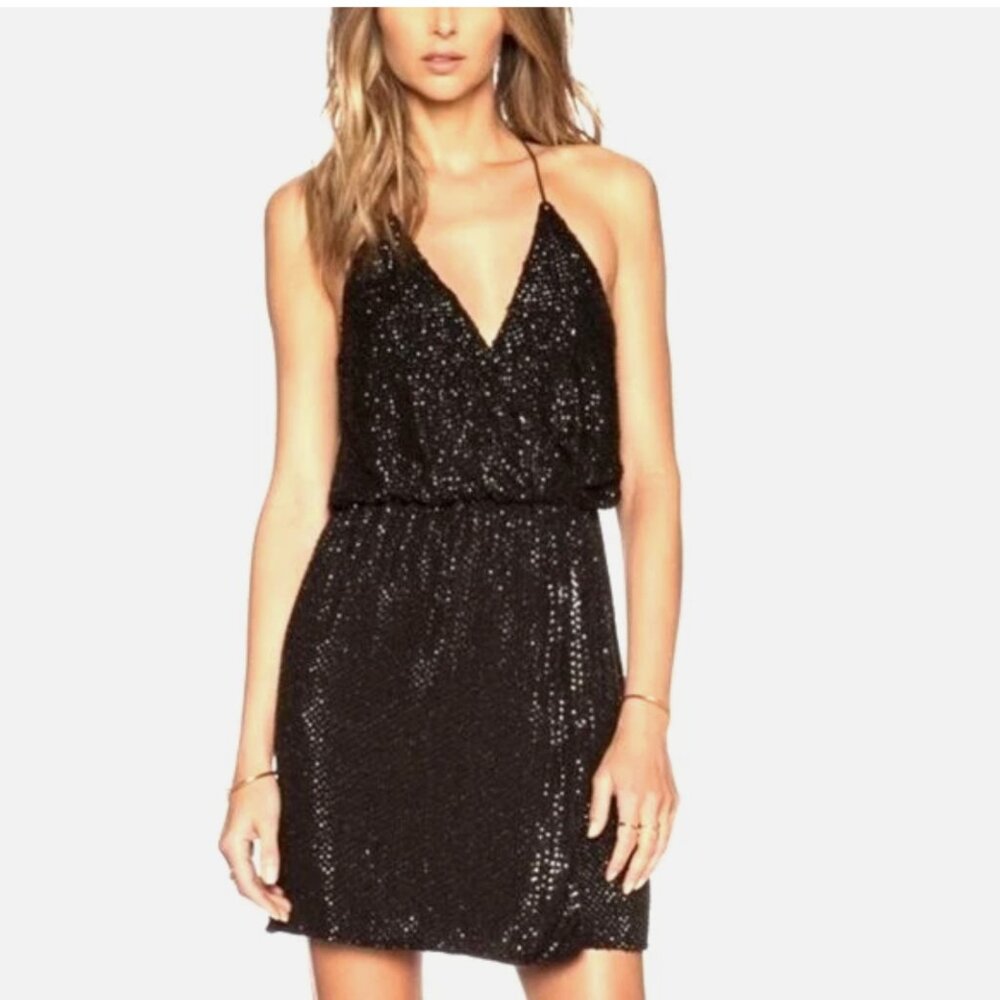 PARKER Beaded Sequin Wrap Mini Dress Size 2 Black Sparkly Cocktail Holiday Dress